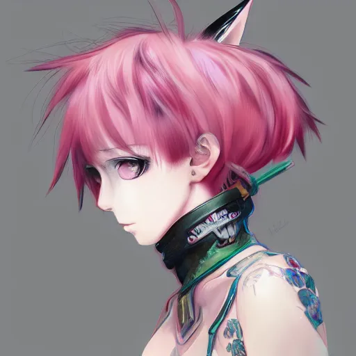 Image similar to full headshot portrait of anime woman with fox tail, punk, digital art, short pink hair, pixie cut, drawn by WLOP, by Avetetsuya Studios, anime manga panel, trending on artstation