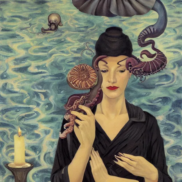 Image similar to tall female artist holding a nautilus in her flooded kitchen, pomegranates, octopus, water gushing from ceiling, painting of flood waters inside an artist's apartment, a river flooding indoors, candles, ikebana, zen, rapids, waterfall, black swans, canoe, berries, acrylic on canvas, surrealist, by magritte and monet