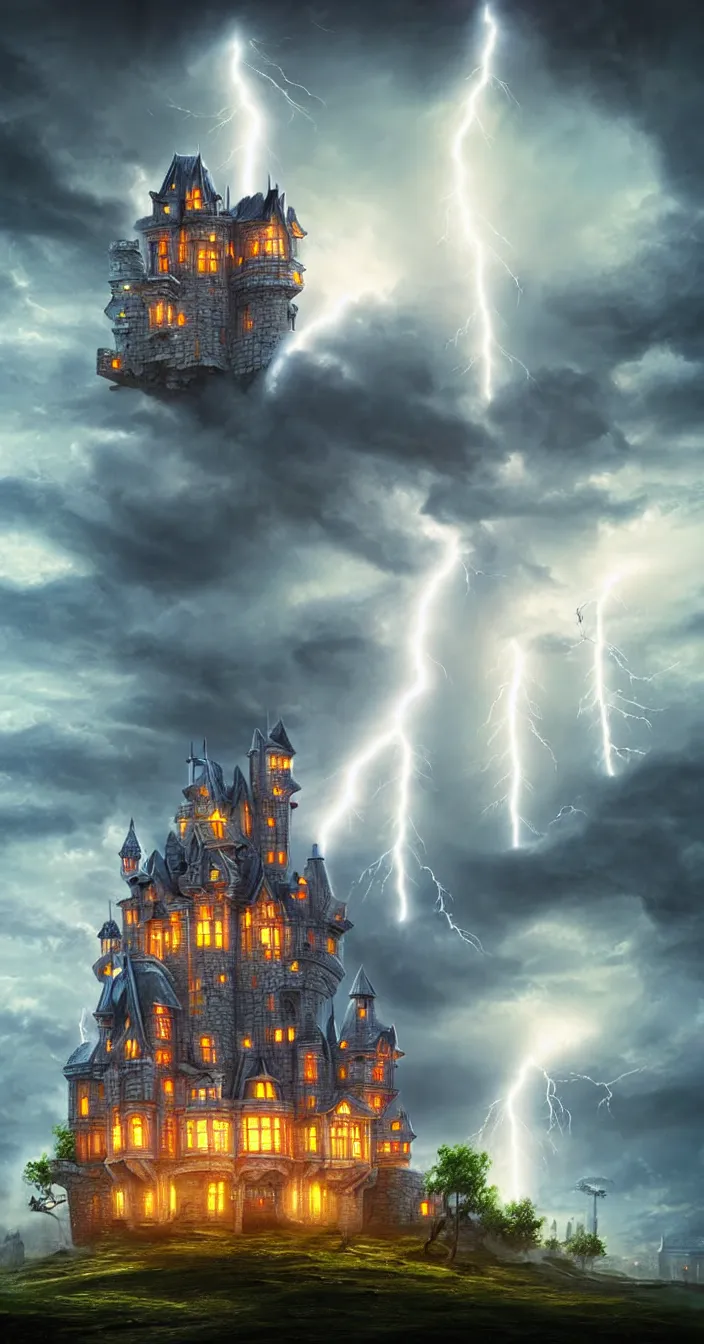 Prompt: realistic photo of lightening strike on futuristic castle, sharp focus, wide angle shot, in the style of greg rutswoski, very hyper realistic, highly detailed, fantasy art station