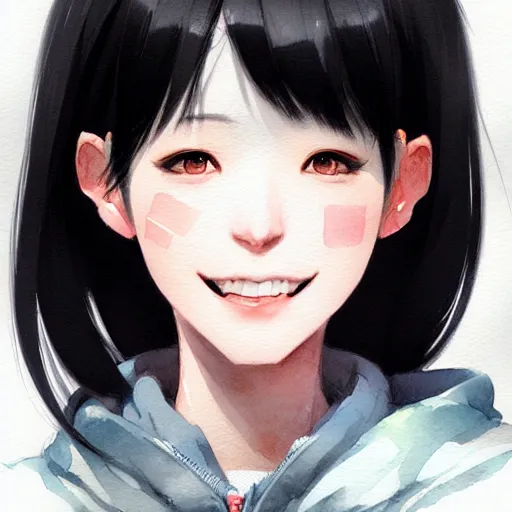 Image similar to character design portrait of a smile grocery asia woman ， black hair, wearing a down jacket, looking at the camera, 4 k, concept art, by wlop, wenjun lin, watercolor, ilya kuvshinov, artgerm, krenz cushart, pixiv.