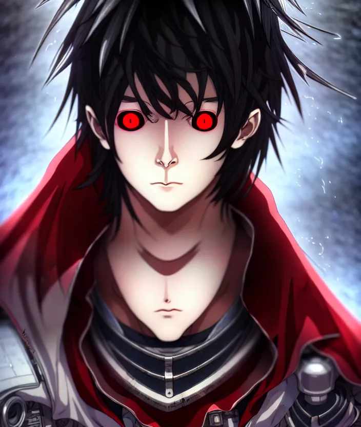 Prompt: a detailed manga character portrait of a dark haired silver cyborg anime man with a red mechanical eye and wearing a tattered brown cape, trending on artstation, digital art, 4 k resolution, detailed, octane render, high quality, sharp focus, hq artwork, insane detail, concept art, character concept, character illustration, full body illustration, cinematic, dramatic lighting