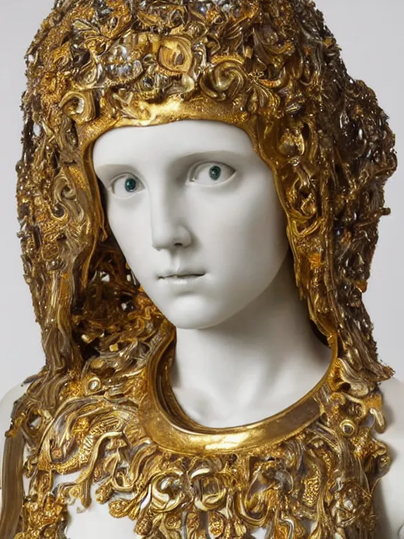 Image similar to a backlit art nouveau marble head and torso sculpture of a worried young millie bobby brown with long, flowing hair, wearing intricate gold plate armor on her chest and an elaborate golden helmet, delicate, intricate, smooth, beautiful, glowing, by charles van der stappen