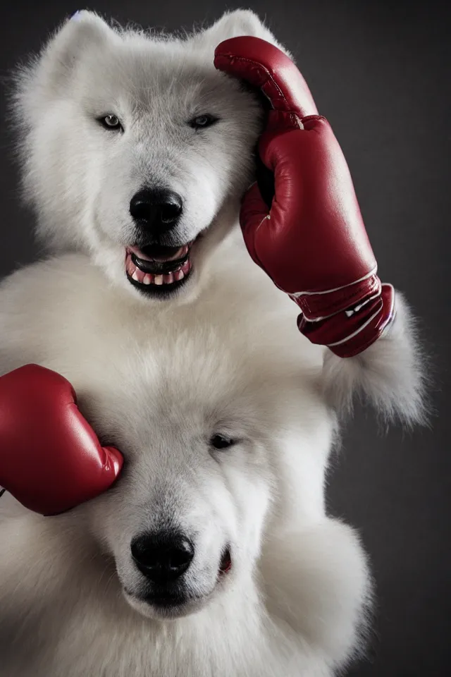 Image similar to samoyed dog head on a human body as a muay thai kickboxer, gloves on hands, cinematic lighting, film still