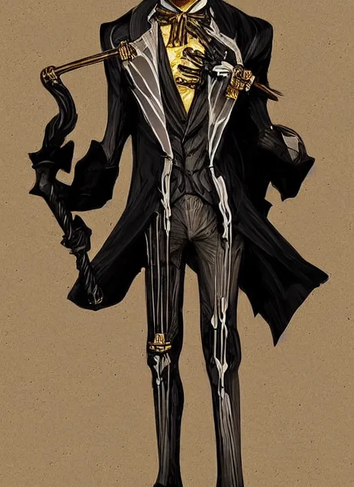 Image similar to DND character art, skeletal male figure, wearing a deep black suit!!! and tie and top hat, holding a gold! cane!. blue!!! flames!!