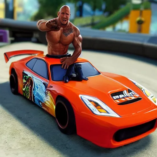 Prompt: dwayne johnson in hotwheels acceleracers