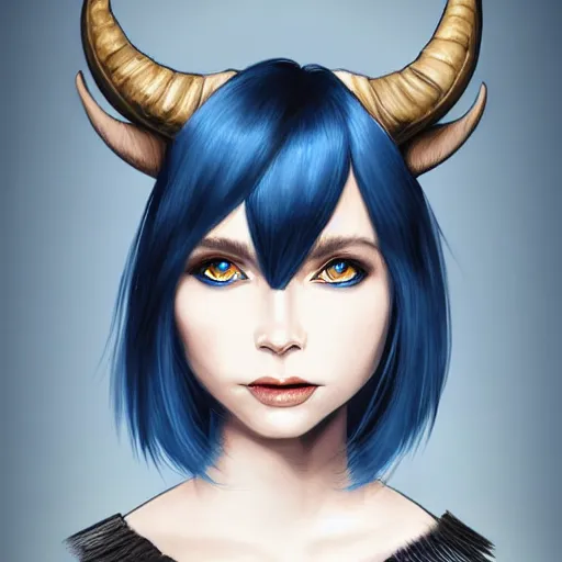 Prompt: illustrated realistic portrait female ram-horned kobold with asymmetrical bob haircut blue hair with black evil devil eyes wearing strap leather armor by rossdraws