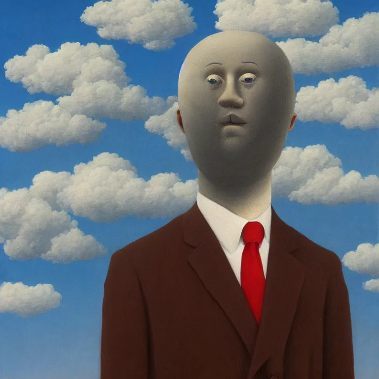 Image similar to portrait of a faceless cloud - head man in a suit, clouds in the background, by rene magritte, detailed painting, distance, middle centered, hd, hq, high resolution, high detail, 4 k, 8 k