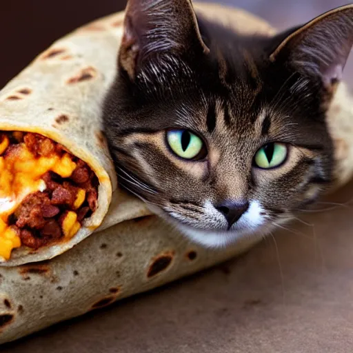 Prompt: a cat face sticking out of a burrito