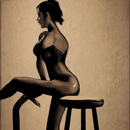 Image similar to artstation a woman seductively posing on a stool, very detailed, , portrait, high contrast
