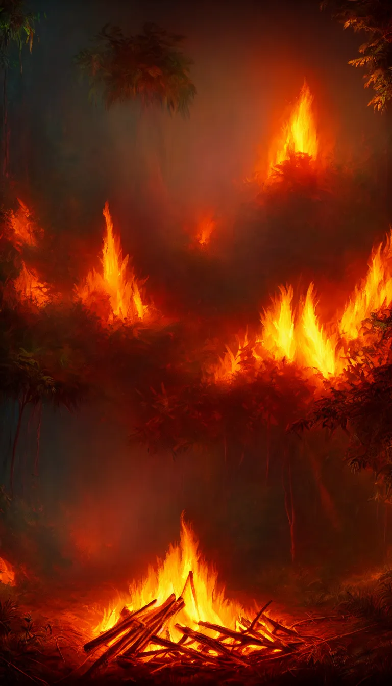 Prompt: highly detailed photo of bonfire in dark jungle, hyper realistic, art by greg rutsowski, concept art, 8 k detail post - processing