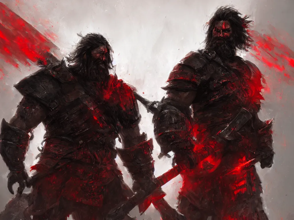 Prompt: Picture of a single barbarian, clad in black and red armor, with a humongous axe, black messy hair and unkempt beard, artstationHD, Fantasy