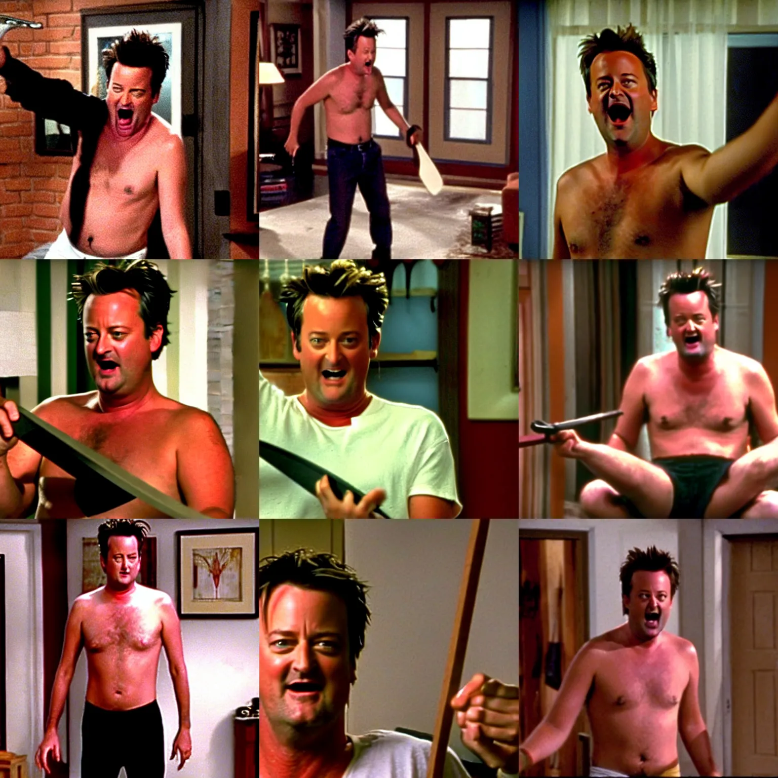 Prompt: matthew perry in his apartment wearing only white briefs swinging a machete while screaming, friends 9 0 s tv show screenshot,