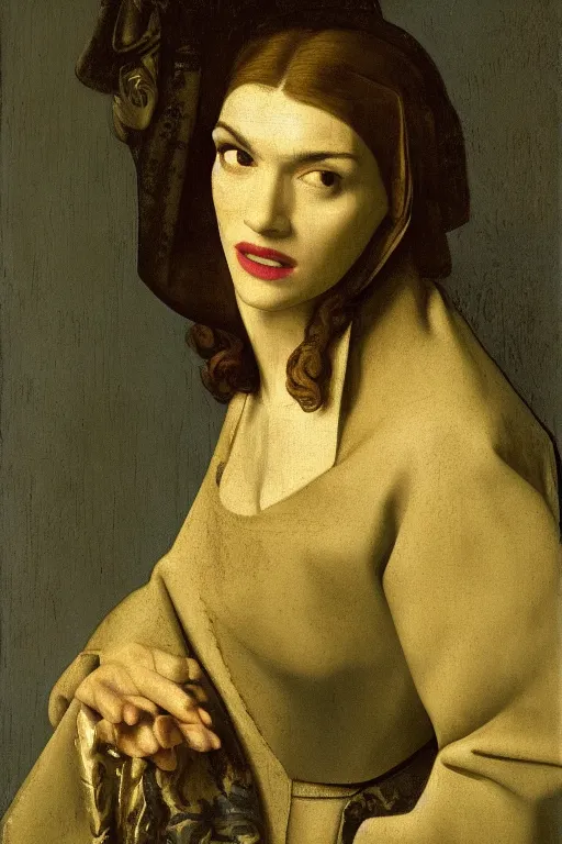 Image similar to portrait en buste of rachel weisz by johannes vermeer, baroque, bright moody colors, intricate, highly detailed, perfectly detailed eyes