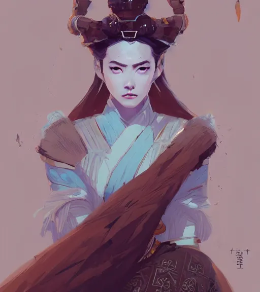 Image similar to portrait of a female immortal queen in amazing dress 汉 服 by atey ghailan, by greg rutkowski, by greg tocchini, by james gilleard, by joe fenton, by kaethe butcher, dynamic lighting, gradient light blue, brown, blonde cream and white color scheme, grunge aesthetic