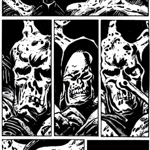 Prompt: A close up shot of four graves. Dark Fantasy, Film Noir, Black and White. High Contrast, Mike Mignola, D&D, OSR