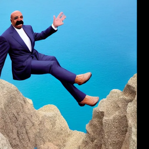 Prompt: Steve harvey hanging off the edge of a blue cliff