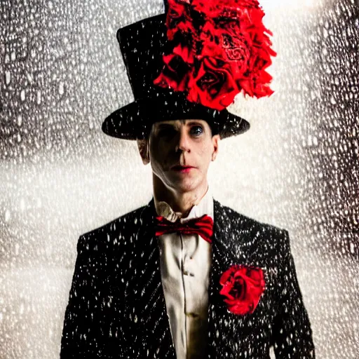 Image similar to cinestill 5 0 d candid photographic portrait by david cronenberg of baroque steampunk cyborg gentleman wearing a red edwardian suit and top hat, floral growths, modern cyberpunk moody emotional cinematic, closeup, pouring rain menacing lights shadows, 8 k, hd, high resolution, 3 5 mm, f / 3 2, ultra realistic faces, ex machina