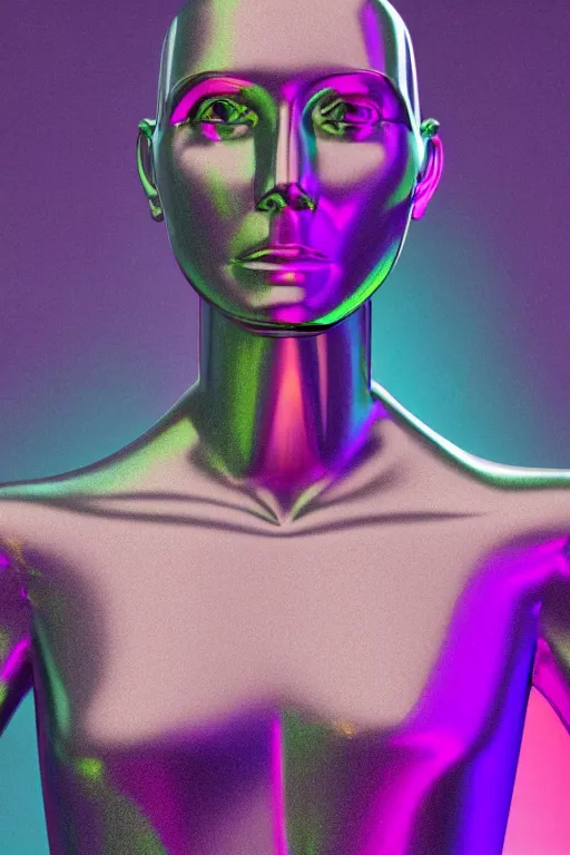 Image similar to 3d render of holographic human robotic bust made of glossy iridescent, bust, surrealistic 3d illustration of a human non-binary, non binary model, 3d model human, cryengine, made of holographic texture, holographic material, holographic rainbow, concept of cyborg and artificial intelligence