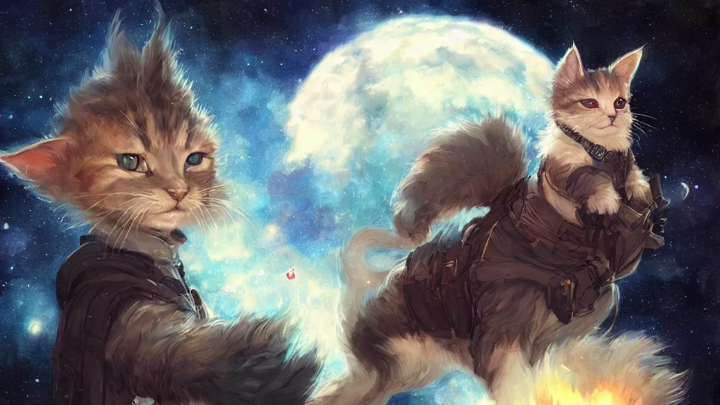 Prompt: cartoonish kitten wearing a wizard cat and a fake beard floating in space, bright stars, anime, a fantasy digital painting by Greg Rutkowski and James Gurney, trending on Artstation, highly detailed