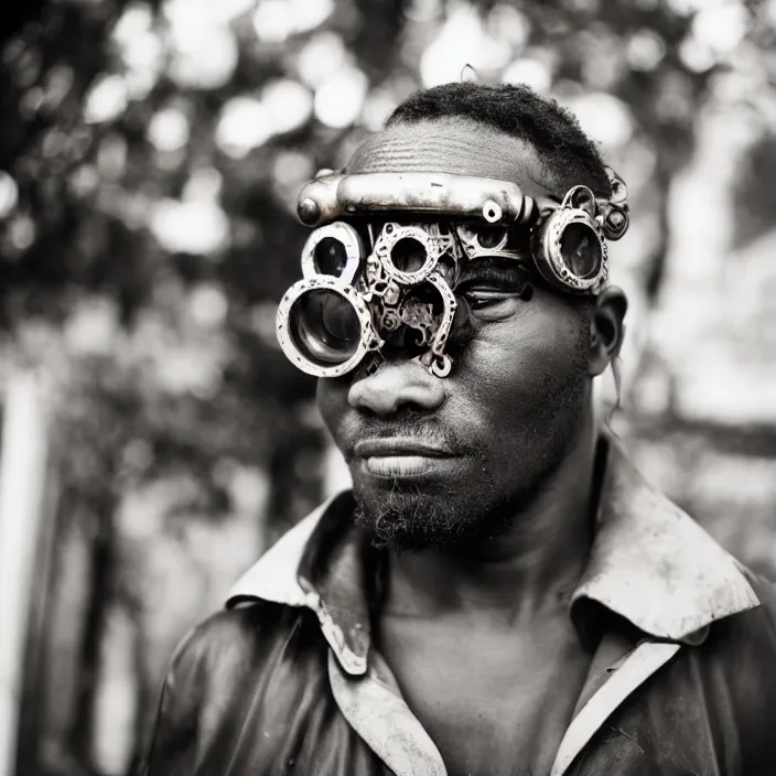 Prompt: an analogue portrait photo of a Traditional igbo man wearing futuristic mecha steam punk goggles, 35mm, f/1.4,