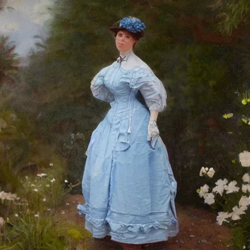 Image similar to portrait painting of a lady wearing a light blue dress 1 9 0 0 s, light, airy, garden, photorealistic, extreme detail, sharp focus, 8 k, intricate, hyper detailed, realistic, cinematic lighting