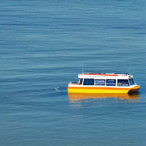 Prompt: a photograph of a sea bus floating across the bay on a sunny day