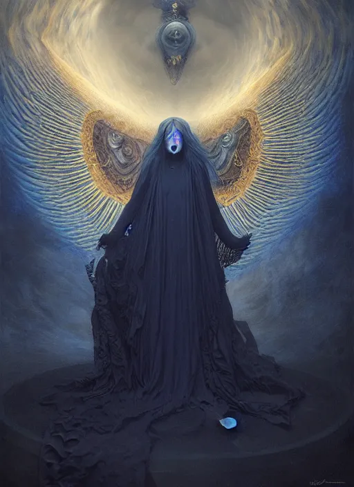 Image similar to Her huge ominous glowing blue eyes staring into my soul , perfect eyes, agostino arrivabene, WLOP, Tomasz strzalkowski, twisted dark lucid dream, 8k portrait render, raven angel wings, beautiful lighting, dark fantasy art, rococo, gold filigree, cgsociety
