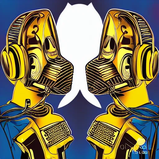 Image similar to artgerm, psychedelic laughing c 3 p 0, rocking out, headphones dj rave, digital artwork, r. crumb, svg vector