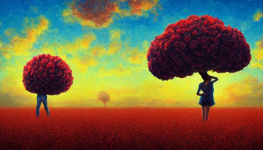 Prompt: giant red carnation afro head, full body, girl watching sunset, empty wheat field, surreal photography, colorful clouds, tree, impressionist painting, colorful clouds, digital painting, pointillism, artstation, simon stalenhag