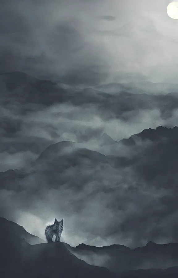 Image similar to a photograph of a wolf at full moon in a mountainous environment, full moon with fog and clouds, concept art, epic lighting, cinematographic