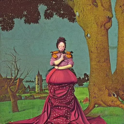 Prompt: interesting maximalist elaborate full body portrait of a beautiful medieval girl in a fancy elaborate dress next to a tree, in the style of Caravaggio, kawase hasui and paul klee. seen from the long distance. mixed media, vibrant 3d textures, natural shiny colours. amazing fashion of Vivienne Westwood. HD wide view 8x no frame