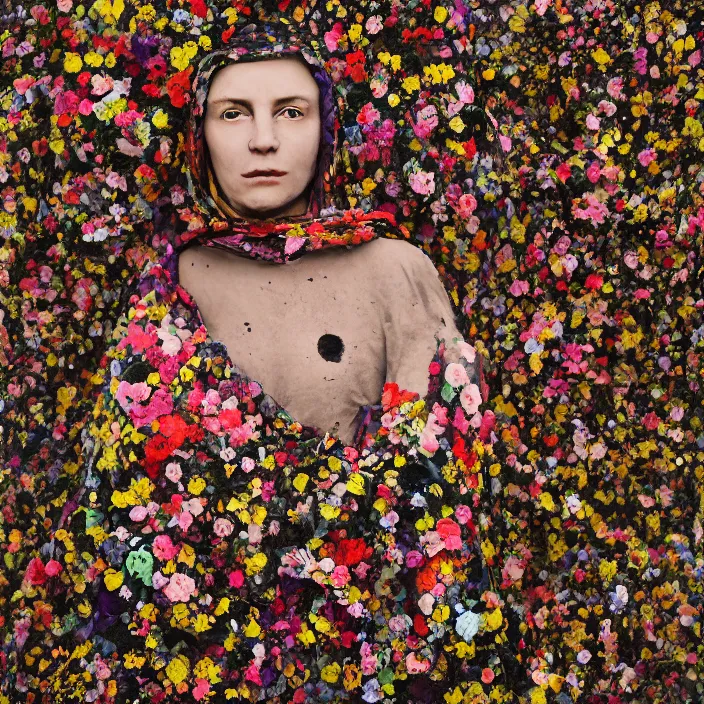 Image similar to a closeup portrait of a woman wearing a cloak made of plastic and mud, in an infinite landscape of flowers, photograph by paula rego, canon eos c 3 0 0, ƒ 1. 8, 3 5 mm, 8 k, medium - format print