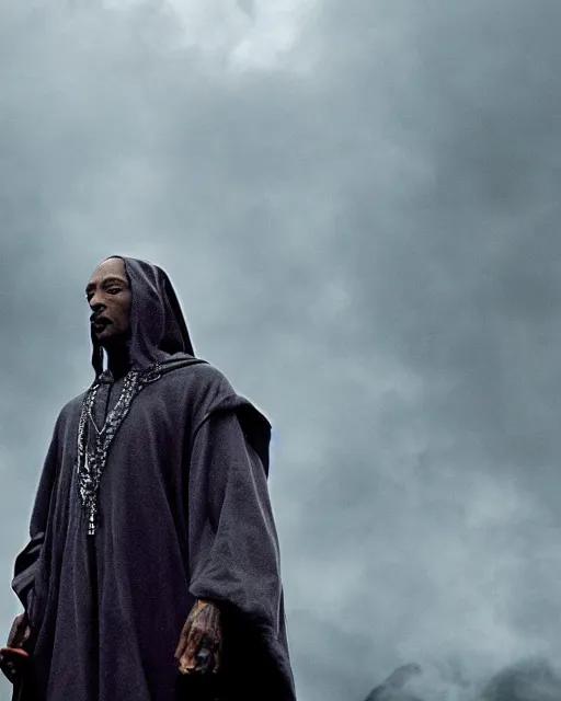 Image similar to Snoop Dogg in the role of Gandalf the Grey fight the Nazgul, film still, amazing short, 8K, IMAX, ultra detailed