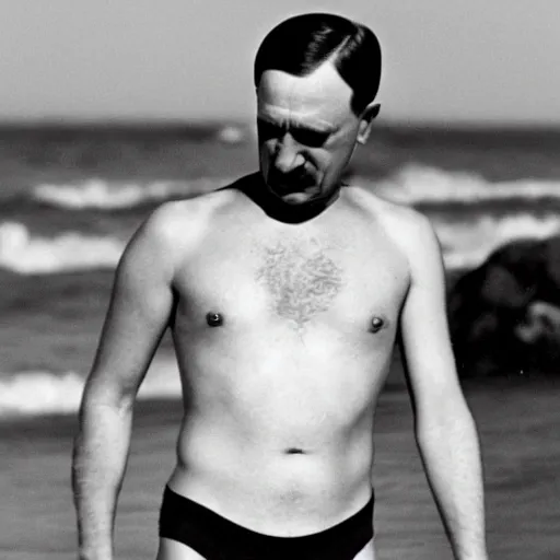 Image similar to hitler wearing a bikini on the beach, sun bathing, drinking a mojito