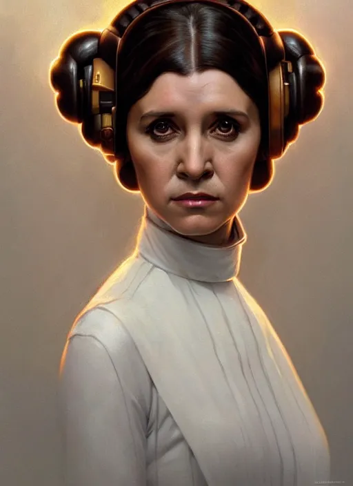 Image similar to symmetry!! portrait of princess leia organa, intricate, elegant, highly detailed, digital painting, artstation, concept art, smooth, shallow focus, illustration, art by artgerm and greg rutkowski and alphonse mucha, 8 k