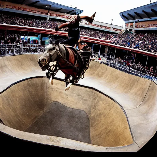 Prompt: roman horse-drawn chariot racer jumping in a skate park half-pipe, video game cover, intense, high detail, crowd cheering, wide lense, style of Tony Hawk