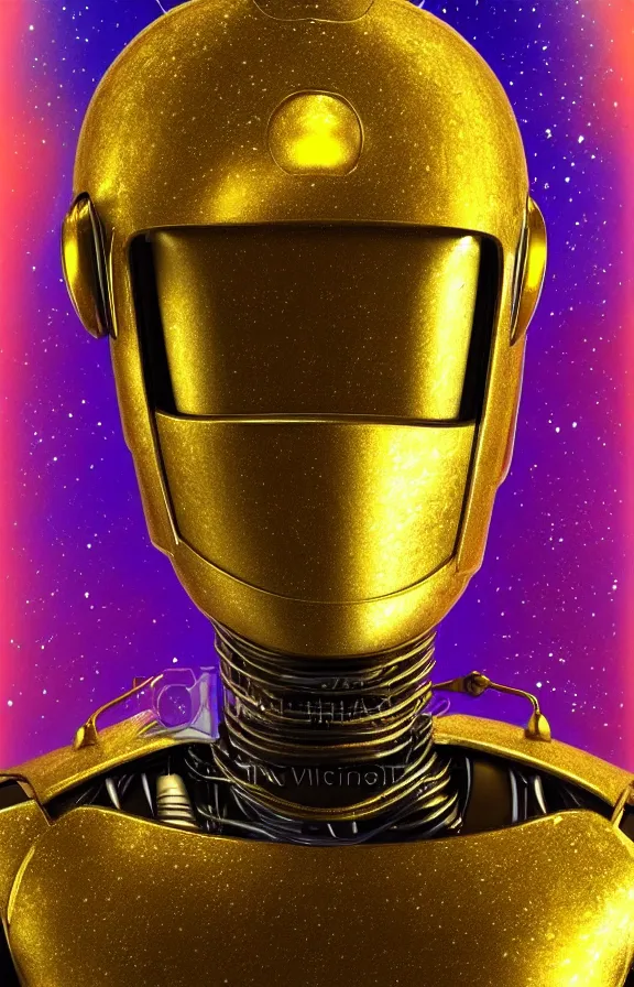 Image similar to portrait of a robot humanoid alien with golden armature and medieval helmet. Galactic iridescent background in the style of Tim white and moebius