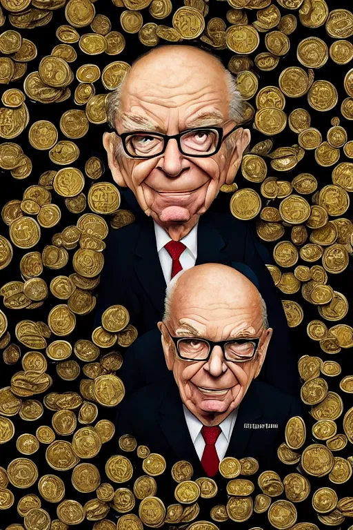 Image similar to !!! rupert murdoch!!! with!! many eyes!!, surrounded by gold coins, photorealistic, cinematic lighting, highly detailed, very intricate, by henry selick