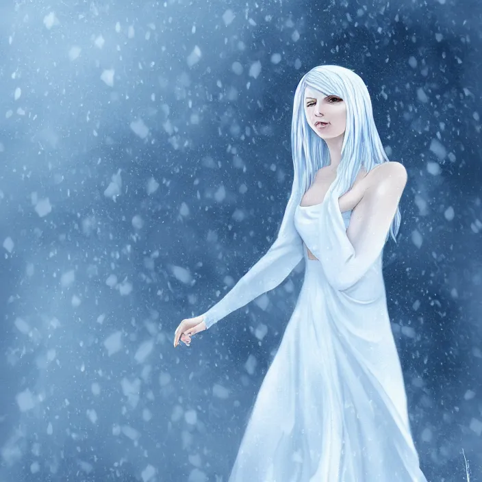 Image similar to full body portrait of a woman with pale blue hair wearing a long white dress made out of snowflake in the middle of a heavy snowstorm. pale, sickly looking, hypothermia. digital art by maromi sagi