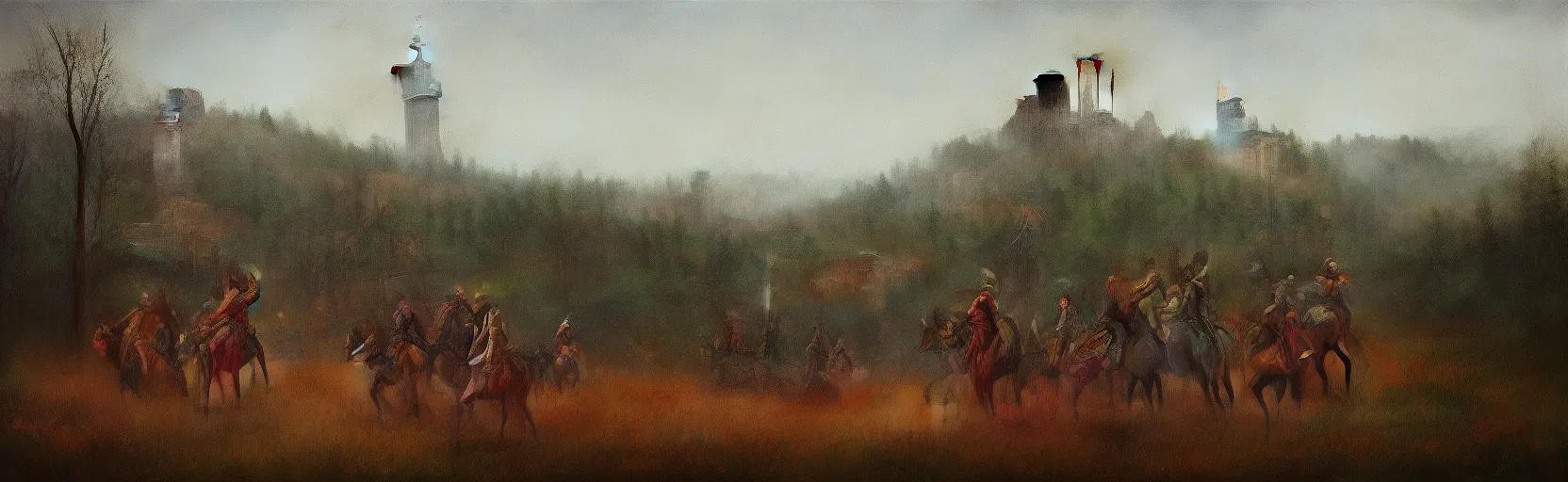 Image similar to horseback knights at scenic overlook; cloudy, grey skies, walled fort city deteriorating office buildings in background on hill; forest; la Bastille, post apocalyptic, grungy; oil on canvas, colorful, artstation