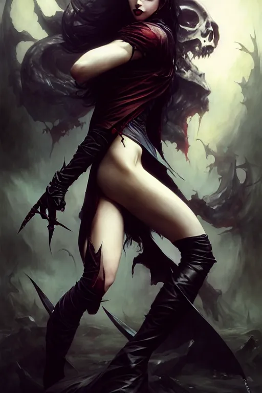 Prompt: dark evil female vampire action pose by raymond swanland, gaston bussiere, simon bisley, anna podedworna, ayami kojima, greg rutkowski, maxim verehin