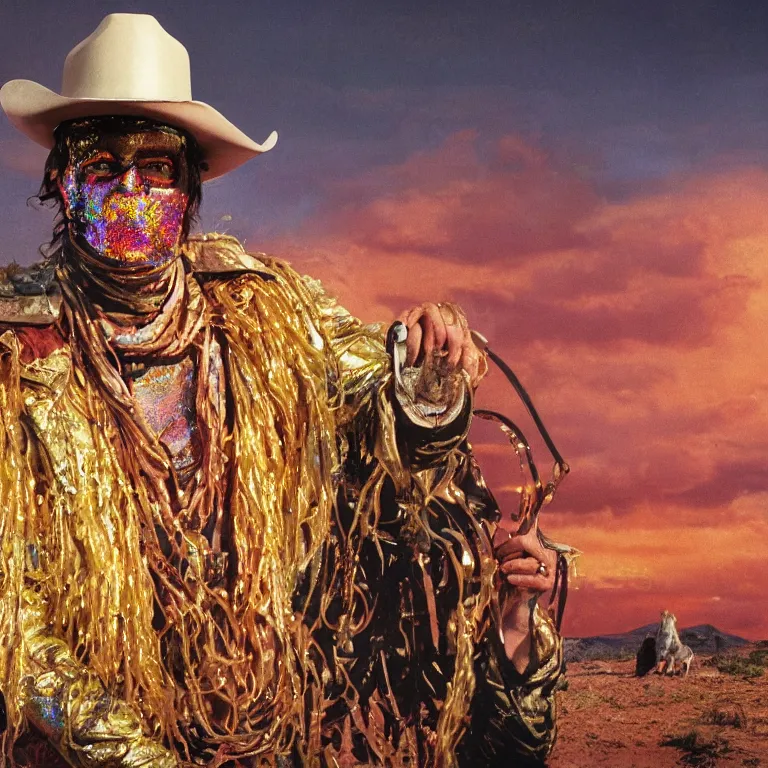 Prompt: 1 9 8 0's spaghetti western film octane render portrait by wayne barlow and carlo crivelli and glenn fabry, a person wearing a shiny colorful iridescent latex suit and mask and cowboy hat covered in liquid gold, standing in a colorful scenic western landscape with multicolored clouds, cinema 4 d, ray traced lighting, very short depth of field, bokeh