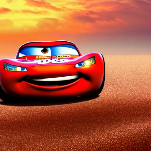 Prompt: lightning mcqueen car driving on wet sand on beach, evening, photo, 4 k, highly detailed