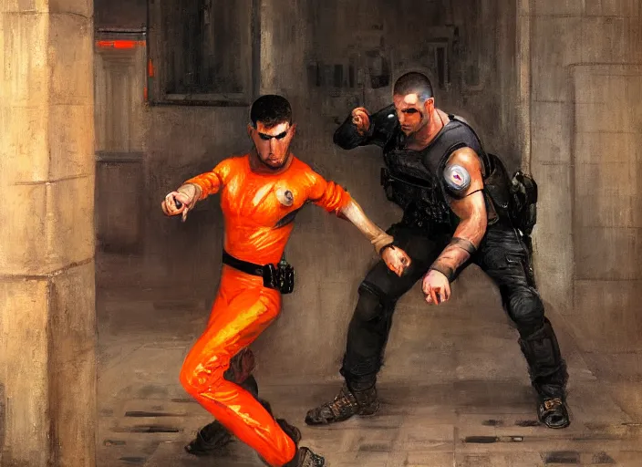 Image similar to Javier evades sgt Nash. Cyberpunk boxer in orange jumpsuit escaping menacing police troopers (blade runner 2049). attractive face. Epic painting by john william waterhouse and Edwin Longsden Long and Theodore Ralli and Nasreddine Dinet, oil on canvas. Cinematic, hyper realism, realistic proportions, dramatic lighting, high detail 4k