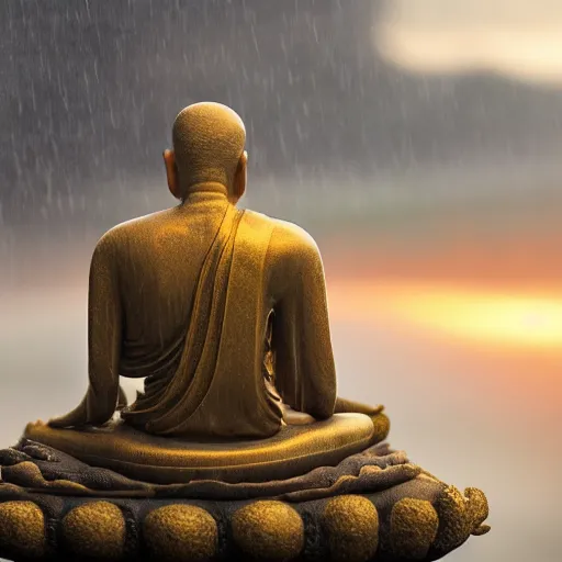 Prompt: buddhist octopus monk overlooking a rainy landscape, golden hour, highly detailed, 8 k, trending on artstation, award - winning art,