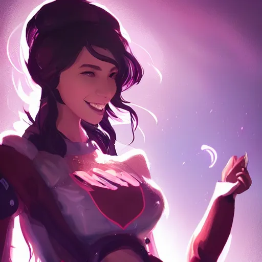 Image similar to portrait of valorant character called Tala Nicole Dimaapi Valdez, valorant character Neon, beautiful, smiling, by guweiz and loish