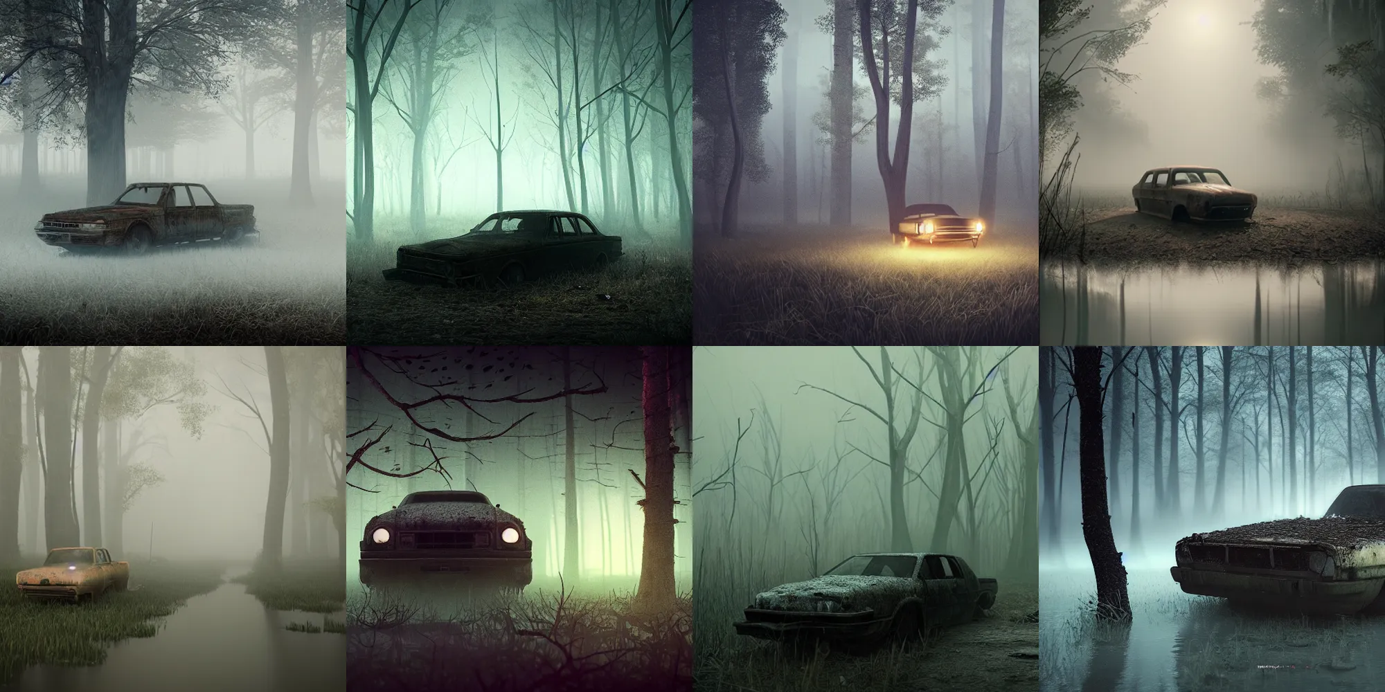 Image similar to beautiful dark creepy foggy swamp landscape, old abandoned car sinking, in the style of beeple and Mike Winkelmann, intricate, epic lighting, cinematic composition, hyper realistic, 8k resolution, unreal engine 5,