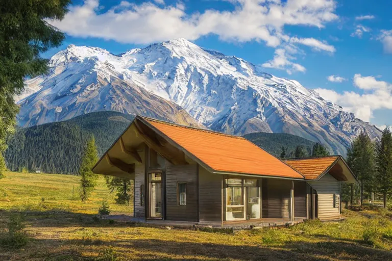 Prompt: architecture photo modern fachwerk house cottage settlement with Elbrus mountain on the background, architecture, photorealism 8k , shining and happy atmosphere, uplight, high details