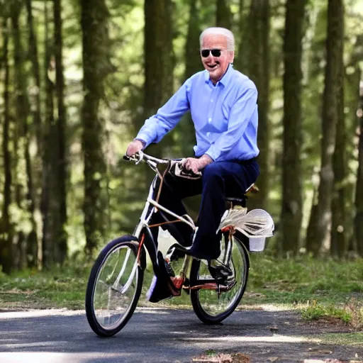 Image similar to joe biden wearing a tutu, riding a bike in the forest