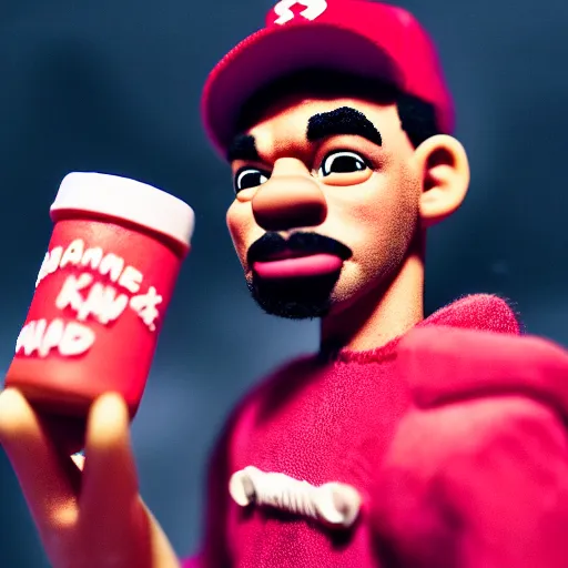 Image similar to a cinematic film still of a claymation stop motion film starring chance the rapper as a college student, shallow depth of field, 8 0 mm, f 1. 8